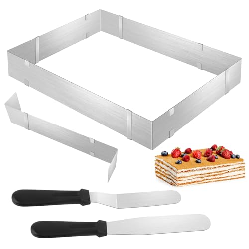 Backrahmen Rechteckig Verstellbar, Backrahmen Eckig Verstellbar mit Teiler und Spatel, Wiederverwendbar Edelstahl Backform Rechteckig, Backblech Ausziehbar für Schichttorten Kuchen Torten Pizza von TOSAVGA