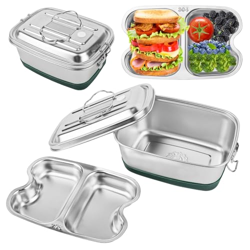 Edelstahl Brotdose 1200ML, Doppelte Metall Lunchbox mit 2 Fächern, Auslaufsichere Brotzeitdose mit Dichtungsring für Lebensmittel Sandwich Salat Obst, Brotdose Metall für Kinder und Erwachsene von TOSAVGA