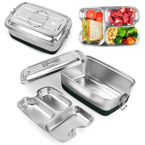 Edelstahl Brotdose 2000ML, Doppelte Metall Lunchbox mit 3 Fächern, Auslaufsichere Brotzeitdose mit Dichtungsring für Lebensmittel Sandwich Salat Obst, Protable Bento Box für Kinder und Erwachsene von TOSAVGA