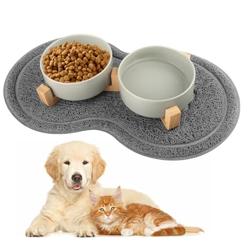 Hundenapf Keramik, 400ML Doppel Futternapf Hund, mit Bambus Ständer und Rutschfestem Matte, Keramik Futternapf Katze, Erhöhter Futternapf Set, Fressnapf Hund für Kleine Bis Mittlere Hunde (Grau) von TOSAVGA