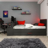 Schlafzimmer mit ausziehbarem Einzelbett und eingebautem Schreibtisch anthrazit und rot wendbar von TOSCOHOME