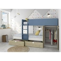 Gilbo Etagenbett für zwei Kinder mit Kleiderschrank und Schubladen Farbe Eiche und hellblau von TOSCOHOME