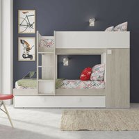 Kletter-Etagenbett für zwei Kinder mit ausziehbarem Bett und Kleiderschrank in abgenutzter weißer Farbe von TOSCOHOME