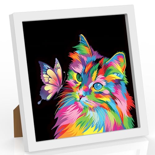 TOSTOG Diamond Painting Kinder mit Holzrahmen,Cartoon Katze und Schmetterling Full Diamant Painting Bilder Erwachsener Kinder Junge Mädchen,5D DIY Gem Art Painting Kit für Home Wand Decor 18x18cm von TOSTOG