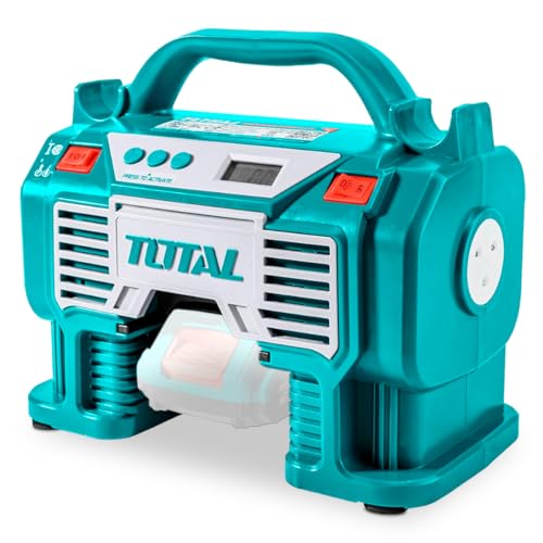 TOTAL - P20S 20V Hybrid-Luftkompressor | Kabellos & Elektrisch für Bälle, Matratzen & Reifen | 160 PSI Max Druck | 12V Autoladegerät & Adapter | Aluminium von TOTAL