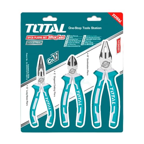 TOTAL - Set mit 3 professionellen Zangen | Schwarzes Finish | Material CR-V | Amig quadratisches Gitter | Selbstklebende Isolierplatte, Standard, Legierung von TOTAL