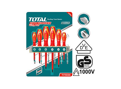 TOTAL - Set mit 6 isolierten Schraubendrehern | 3 isolierte Schraubendreher mit flacher Spitze und 3 isolierte Schraubendreher mit Phillips-Spitze | VDE-Zertifikat | CR-V von TOTAL