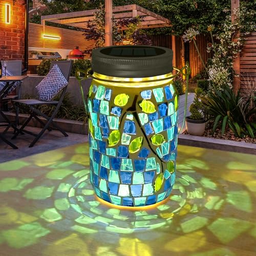 TOTHDATE 1PCS Solar Mosaik Leuchte für Außen, On/Off Glas Mosaik Hängend Licht Solarlaterne Tischleuchte IP65 Wasserdicht für Rasen Pfad Hof Deck Boden Teich, Blatt Mosaik von TOTHDATE