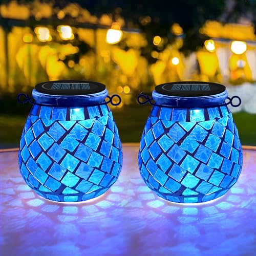 TOTHDATE 2PCS Solar Mosaik Leuchte Oval für Außen, On/Off Glas Mosaik Hängend Licht Solarlaterne Tischleuchte IP65 Wasserdicht für Rasen Pfad Hof Deck Boden Teich, Blau Quadrat Mosaik von TOTHDATE