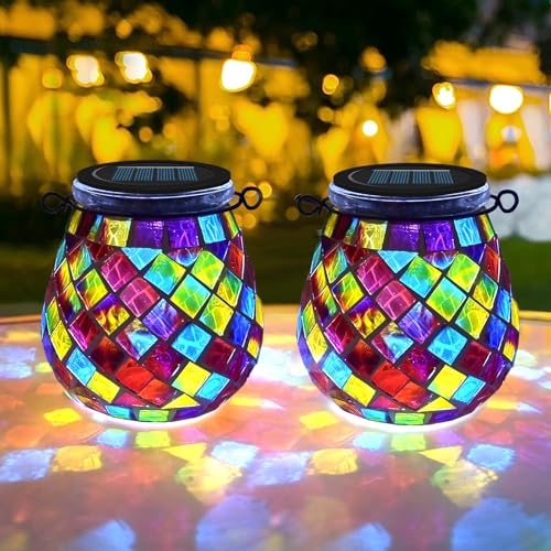 TOTHDATE 2PCS Solar Mosaik Leuchte Oval für Außen, On/Off Glas Mosaik Hängend Licht Solarlaterne Tischleuchte IP65 Wasserdicht für Rasen Pfad Hof Deck Boden Teich, Rot Quadrat Mosaik von TOTHDATE