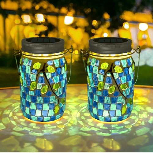 TOTHDATE 2PCS Solar Mosaik Leuchte für Außen, On/Off Glas Mosaik Hängend Licht Solarlaterne Tischleuchte IP65 Wasserdicht für Rasen Pfad Hof Deck Boden Teich, Blatt Mosaik von TOTHDATE
