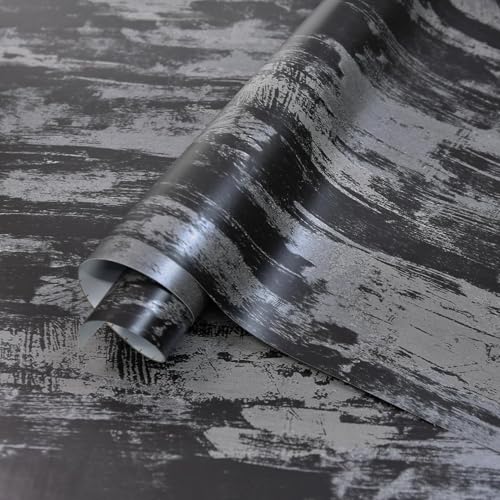 TOTIO Klebefolie Schwarz Silber Selbstklebende Tapete DIY Vinyl Wandaufkleber Dekofolie Wasserfest Möbelaufkleber Dunkle Abstrakte Betontapete 40CMx9M Matt Verdickt Abnehmbar Blasenfreies Design Retro von TOTIO