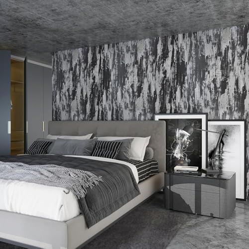 TOTIO Klebefolie Schwarz Silber Selbstklebende Tapete Vinyl-Wandfolie Wasserfest Möbel Folie Dunkle Abstrakte Betontapete 40CMx3M Matt Verdickt Abnehmbar Blasenfreies Design Retro-Industrieller Stil von TOTIO