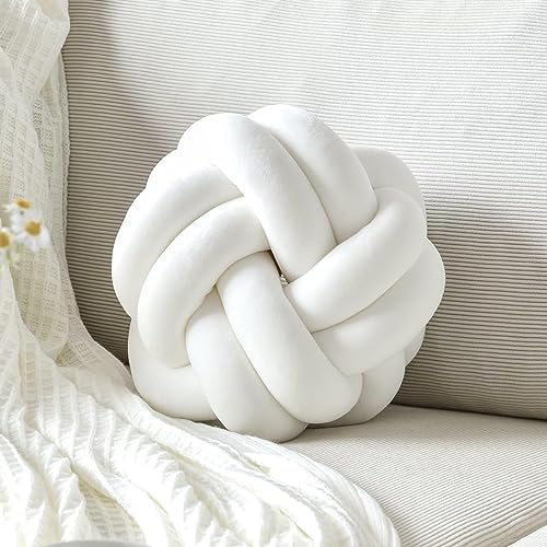 TOTLAC Knotenkugelkissen, Knoten-Ball-Kissen, 20cm Weiches Dekoratives Kisse Handgewebte Baby-Haar-Kissen-Plüschtier Modernes Dekokissen mit Knoten für Schlafzimmer, Sofa, Couch (27cm, Weiss) von TOTLAC