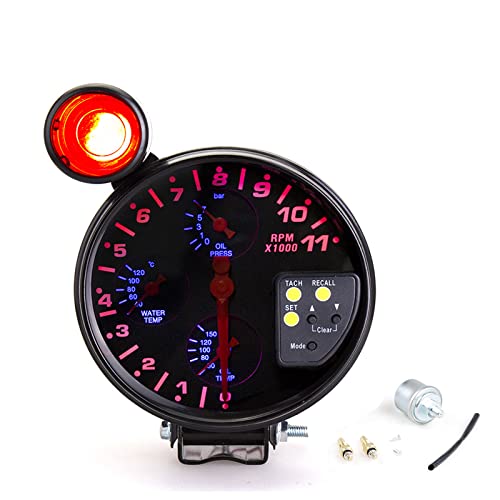 TOTMOX Universal 5" Kohlefaser 4 in 1 Drehzahlmesser mit 11000 U/min mit Temperatur-/Öl-/Wasseranzeige + externes rotes LED-Licht, Drehzahlmesser aus Metall von TOTMOX