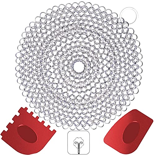 Ringreiniger Dutch Oven Zubehör, Gusseisen Reiniger aus 316 Edelstahl Gusseisenreiniger, Gusseisen Reinigungsset mit Kunststoff Schaber und Haken für Bratpfanne Topf Grillplatte Woks von TOTONY