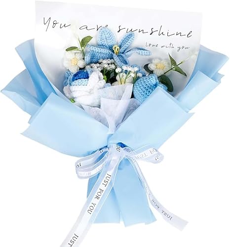 TOTOOSE Häkeln Tulpe Rose Blumenstrauß: künstlicher handgefertigter gestrickter Blumenstrauß für Valentinstag | Muttertag | Geburtstag | Heimdekoration (Blau) von TOTOOSE