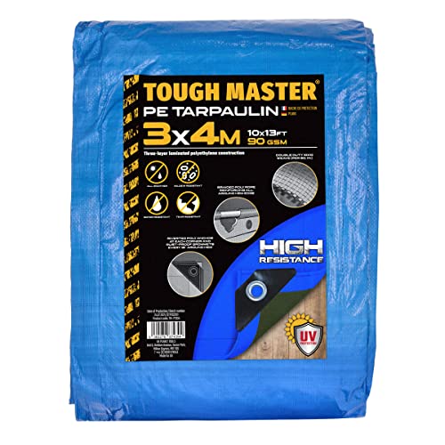 Abdeckplane 3m x 4m Wasserdichtes Abdeckplanenblatt UV-beständig, 10ft x 13ft 90 GSM Bodenabdeckung mit verstärkten Ösen für Outdoor-Möbel Wohnwagen Vielseitige Verwendung, Blau/Grün, TOUGH MASTER von TOUGH MASTER