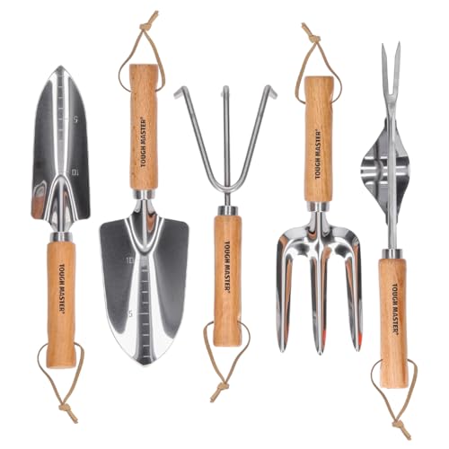 Gartengeräte Set 5 Stück Handwerkzeug Geschenk Kit mit Holzgriff zum Pflanzen Graben Jäten Handkelle, Umpflanzer, Unkrautjäter, Handkultivator, Gabel, Gartengeschenke für Frauen & Männer TOUGH MASTER von TOUGH MASTER