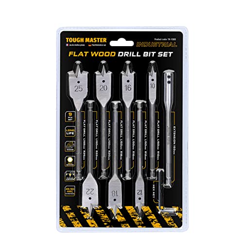 TOUGH MASTER 9-teiliges Spatenbohrer-Set, ¼ Zoll Schnellwechsel-Sechskantschaft, 10 mm, 12 mm, 16 mm, 18 mm, 20 mm, 22 mm, 25 mm, flache Holzbohrer-Bits mit Verlängerung von TOUGH MASTER