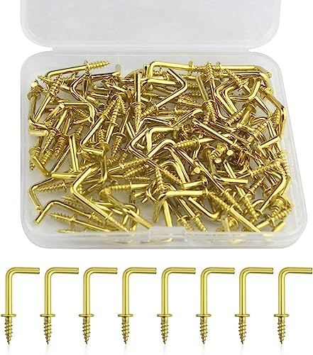 TOVOT 100 Stück L Haken Metall Hakenschrauben Schraubhaken Gerade mit Aufbewahrungsbox Gold Schraubhaken (24×11mm) von TOVOT