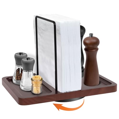 Drehbarer Serviettenhalter, Serviettenhalter Holz mit Caddy für Salz-Und Pfefferstreuern 360° Drehbar Papierserviettenhalter Serviettenspender für Tisch Servietten Halterung zum Dekorieren von TOWEBOORY