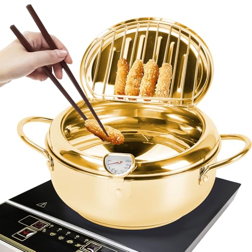 Fritteuse, Frittiertopf Im Japanischen Stil Japanische Tempura Fritteuse Topf Mit Thermometer und Deckel Japanischer Frittiertopf aus Edelstahl Für Pommes Frites, Hühnerflügel Und Garnelen (Gold 24cm) von TOWEBOORY