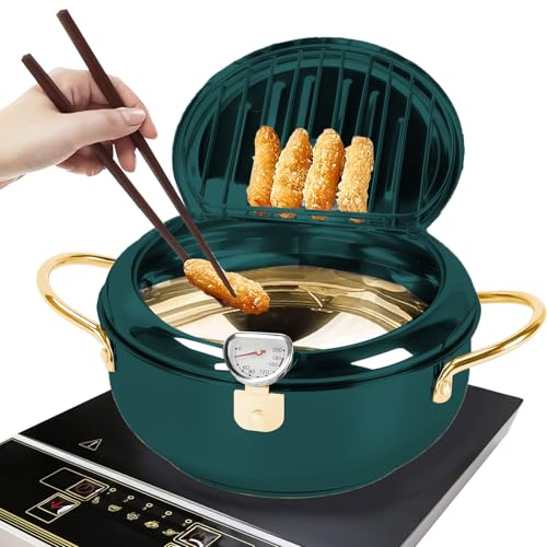 Fritteuse, Frittiertopf Im Japanischen Stil Japanische Tempura Fritteuse Topf Mit Thermometer und Deckel Japanischer Frittiertopf aus Edelstahl Für Pommes Frites, Hühnerflügel Und Garnelen (Grün 24cm) von TOWEBOORY