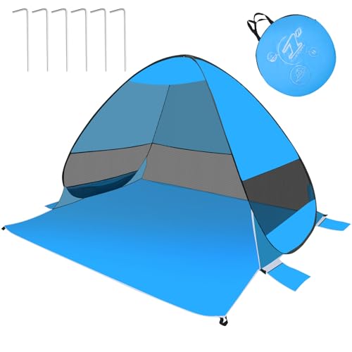 Strandmuschel Pop Up, 200 * 165 * 137 cm 3-4 Personen Automatische Instant Pop Up Strandzelt mit Tragetasche UV-Schutz 50+ Windschutz Wasserdichtes Sonnenzelt für Familie, Garten, Camping (Blau) von TOWEBOORY