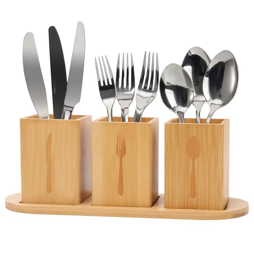 TOWEBOORY Besteckhalter 3 Teilig aus Holz, Besteck Organizer mit Ablaufloch Küchenutensilienhalter für Küche Besteckständer für Esstischdeko Besteckbehälter für Gabeln/Löffel/Messer (Holz) von TOWEBOORY