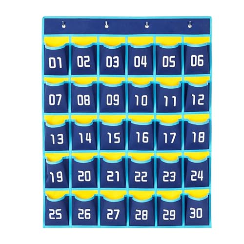 TOWEBOORY Nummerierte Aufbewahrungstasche für Klassenzimmer, 30 Nummerierte Taschen Klassenzimmer Handy-Taschen Aufhängen Pocket Organizer mit 4 Haken, für Handys Und Taschenrechner (Dunkelblau) von TOWEBOORY
