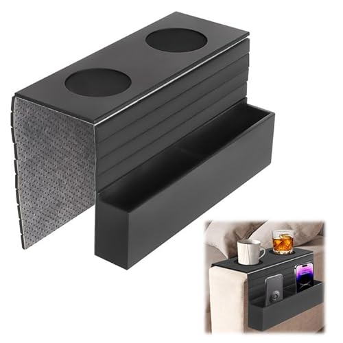 TOWEBOORY Sofatablett Armlehne Flexibel, Holz Sofa Armlehne Tablett mit 2 Getränkehalter und Fächern Tablett für Sofa Folding Sofa Armlehne Tablett Clip auf Breiten Couches für Essen, Snacks, Remote von TOWEBOORY