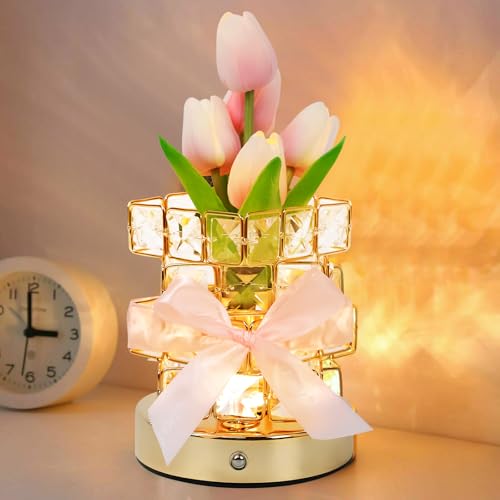 TOWEBOORY Tulpen-Kristallblumenlampe, 3 Farben Nachtlicht USB Wiederaufladbare Touch Control Tischlampe Nachtlicht Kristall Ornament für Wohnzimmer, Schlafzimmer, Esszimmer Home Decor (C) von TOWEBOORY