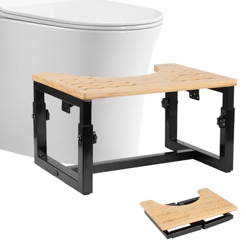Toilettenhocker Erwachsene, Metall mit Holz-Toilettenhocker Klappbar Fußbank mit Anti-Rutsch-Pads Höhenverstellbar WC Hocker Klohocker Toiletten Hocker bietet Entlastung bei Verstopfung, Blähungen von TOWEBOORY