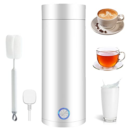 Tragbarer Elektrischer Wasserkocher, 400ml Tragbarer Mini-Heizbecher Reise-Wasserkocher Elektrisch mit Reinigungsbürste Wasserkocher Klein für Tee, Milch, Kaffee (Weiß) von TOWEBOORY