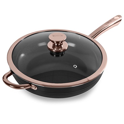 TOWER Linear Sautepfanne mit Deckel, Antihaftbeschichtung, Edelstahlboden, Schwarz und Roségold, 28 cm, T800003RB von TOWER