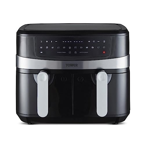 Tower T17088 Vortx 9 l Heißluftfritteuse mit Zwei Körben und Smart Finish - Airfryer Heißluftfritteuse 2 Kammern - 2600W - Schwarz von TOWER