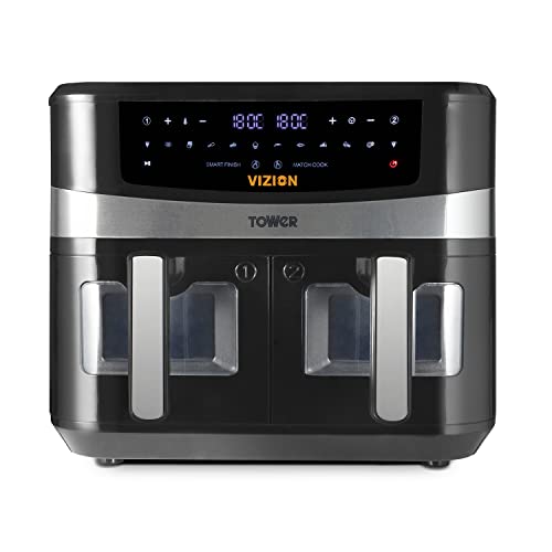 Tower T17100 Vortx Vizion 9L Doppelkorb-Luftfritteuse mit digitalem Bedienfeld und 10 One-Touch-Vorspielen, Schwarz von TOWER