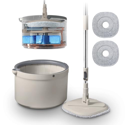 Tower T869009MSH Duo Compact Spin Mop, integrierte Turbine, 2 interne Behälter, Latte & Grau von TOWER