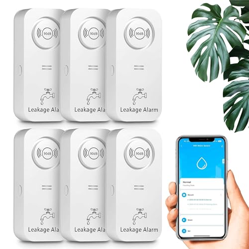 Wassermelder WLAN (2,4 G WiFi), 90 dB WiFi Wassermelder Wasseralarm und App Alarm, Wassersensor Alarm für Rohre, Schlafzimmer, Küche, Badezimmer, Keller (6er-Pack) von TOWODE