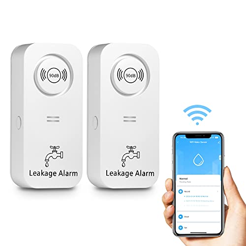 WiFi Wassermelder Wasseralarm(2,4 G WiFi), 90 dB Wassersensor Alarm und App Alarm, kabelloser Wasseralarm, für Rohre, Schlafzimmer, Küche, Badezimmer, Keller (2er-Pack) von TOWODE