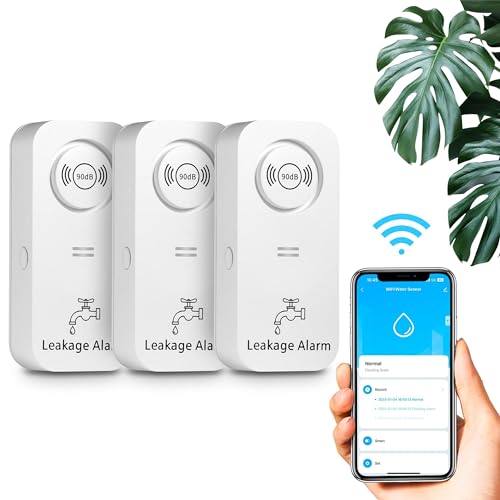 WiFi Wassermelder Wasseralarm(2,4 G WiFi), 90 dB Wassersensor Alarm und App Alarm, kabelloser Wasseralarm, für Rohre, Schlafzimmer, Küche, Badezimmer, Keller (3er-Pack) von TOWODE