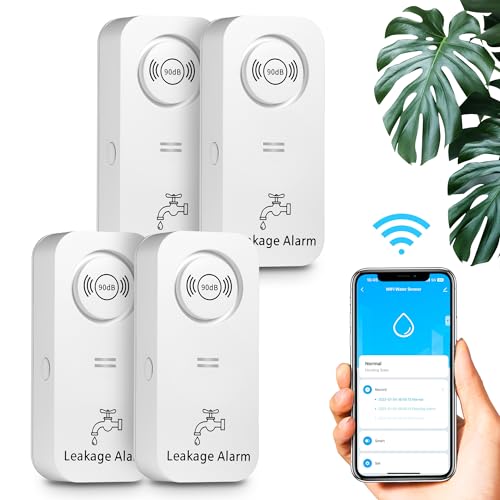 WiFi Wassermelder Wasseralarm(2,4 G WiFi), 90 dB Wassersensor Alarm und App Alarm, Wassermelder WLAN für Rohre, Schlafzimmer, Küche, Badezimmer, Keller (4er-Pack) von TOWODE