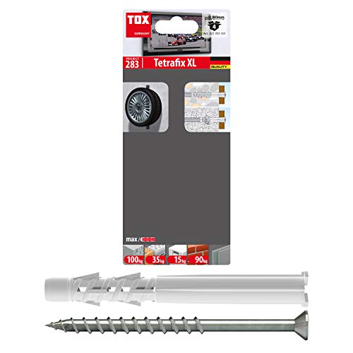 TOX Allzweck Tetrafix XL 8 x 80 mm, Allzweckdübel für nahezu alle Baustoffe, verlängerter Schaft für spezielle Rahmendübel-Anwendungen, 4 Stück im Blister, 021701101, Weiß, 8x80 mm + Schraube von TOX