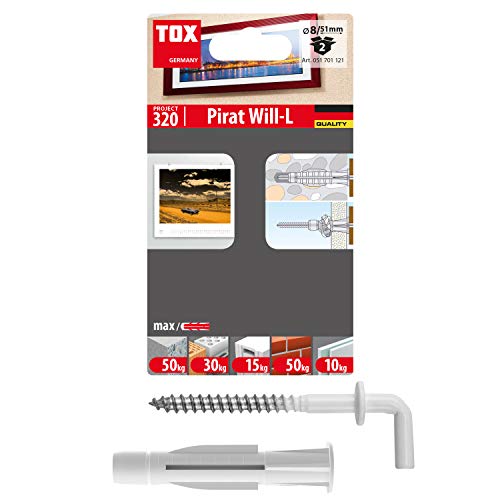 TOX Hakendübel Pirat Will-L mit Allzweckdübel TRIKA 8 x 51 mm und Schraube mit Winkelhaken, Dübel und weiß ummantelte Haken für fast alle Baustoffe, jeweils 2 Stück im Blister, 051701121 von TOX