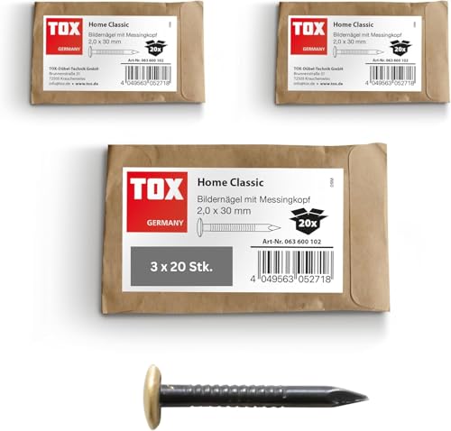 TOX 063600102_3 Bildernagel Home Classic Set aus gehärtetem Stahl mit Messingkopf in recycelbarer Papierverpackung, Größe 2,0 x 30 mm, Stahlnägel für Bilder für nahezu alle Baustoffe,3x20 STK., von TOX