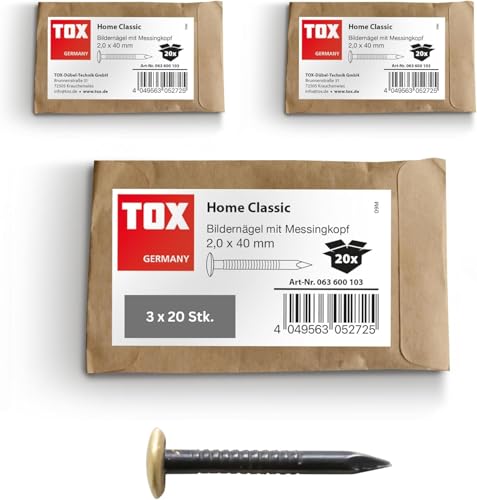 TOX Bildernagel Home Classic Set aus gehärtetem Stahl mit Messingkopf in recycelbarer Papierverpackung, Gr 2,0 x 40 mm, Stahlnägel für Bilder für nahezu alle Baustoffe, 3x20 Stk. TOX Bildernagel Home Classic Set aus gehärtetem Stahl mit Messingkopf in recycelbarer Papierverpackung, Gr 2,0 x 40 mm, Stahlnägel für Bilder für nahezu alle Baustoffe, 3x20 Stk. von TOX