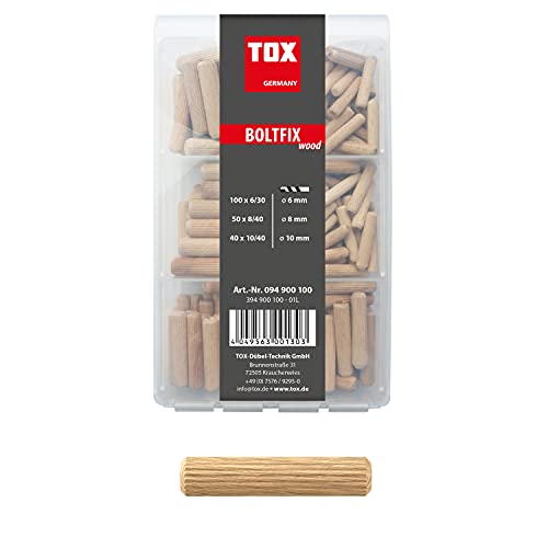 TOX Holzdübel Miniset Boltfix wood, Gr. 6x30 mm (100 Stk.), 8x40 mm (50 Stk.), 10x40 mm (40 Stk.), zuverlässige Verbindung von Holzteilen für Möbel geeignet, mit praktischer Box, 190 tlg., 094900100 von TOX