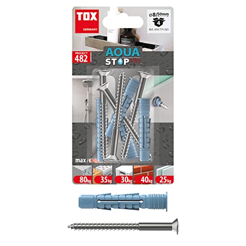 TOX 14771021 Aqua Stop Pro, abdichtender Allzweckdübel 8/50 für Befestigungen an gefliesten Wänden und Böden, aus HDPE-Spezialkunststoff, mit Schraube 6x70 mm, 014771021, blau, 6x 70 mm von TOX