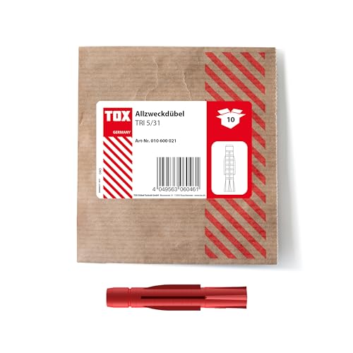 TOX 5x31 mm, Allzweckdübel TRI, Dübel für zuverlässige Befestigungen in Fast Allen Baustoffen, 10 Stück in Einer wiederverschließbaren und umweltschonenden Papierverpackung, 010600021, Rot TOX 5x31 mm, Allzweckdübel TRI, Dübel für zuverlässige Befestigungen in Fast Allen Baustoffen, 10 Stück in Einer wiederverschließbaren und umweltschonenden Papierverpackung, 010600021, Rot von TOX